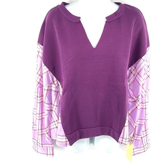 Paper + tee patchwork sweatshirt top blouse NEW NWT 3X plaid purple long sleeve - Picture 1 of 11